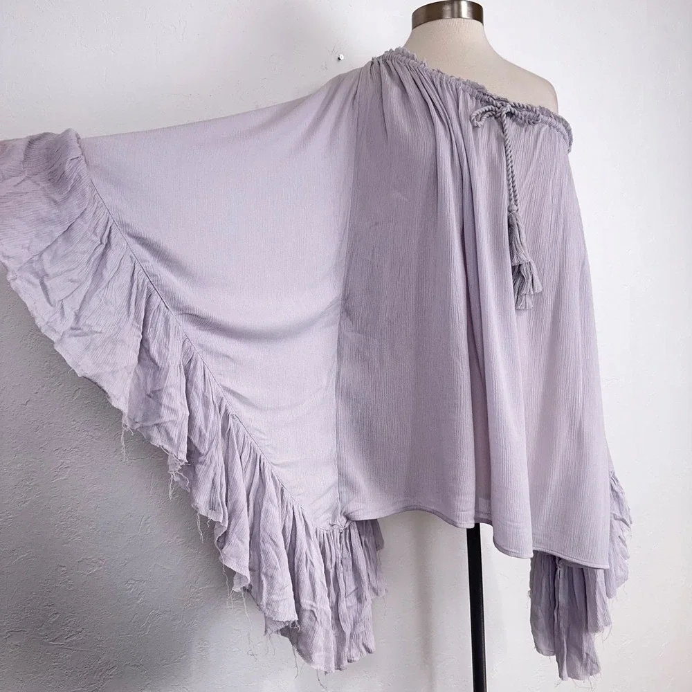 Free People Here To Stay Tunic Sz Small Boho Chic Oversized Gauzy Ruffle Flowy